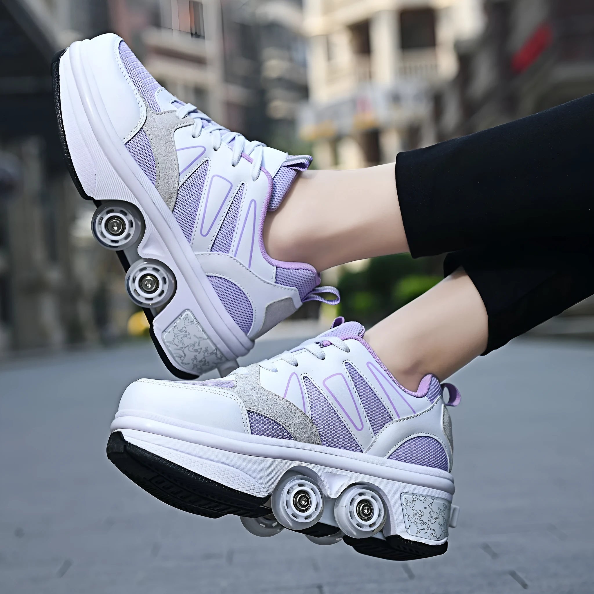 Four Wheel Rampage roller skates with seven-colour breathing light, double-row PU wheels, grape purple colour variant