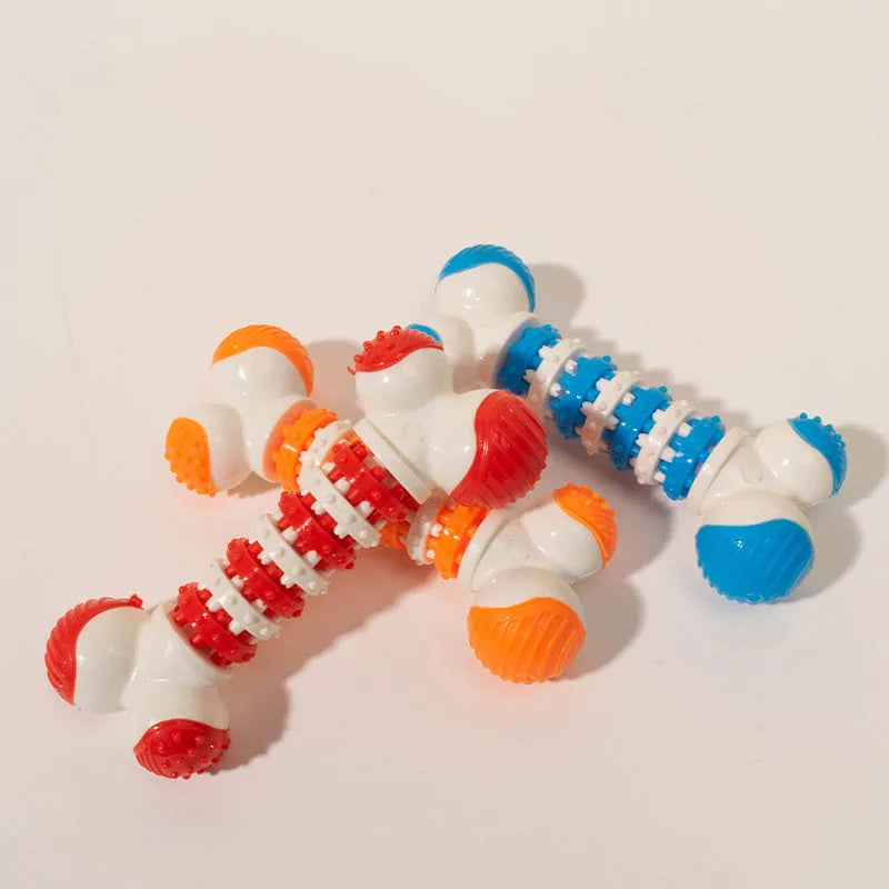 Blue bone-shaped interactive dog toy for small breeds with a treat compartment.