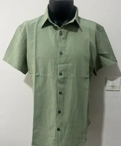 Men's loose fit short sleeve shirt in a cotton linen blend fabric, shown in a solid colour.