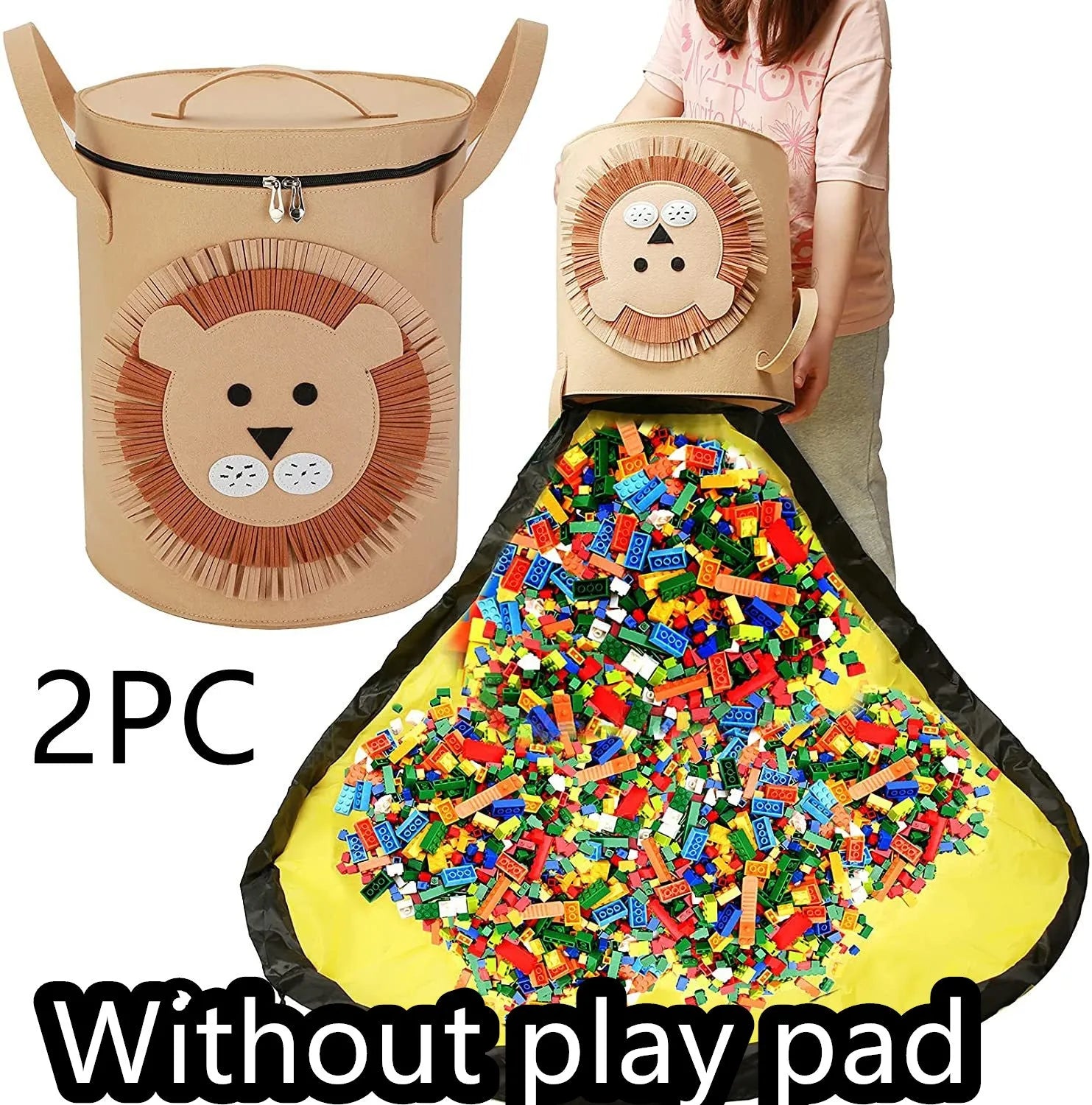 Green felt cube storage bag with pull rope, laid flat as a play mat for toys.