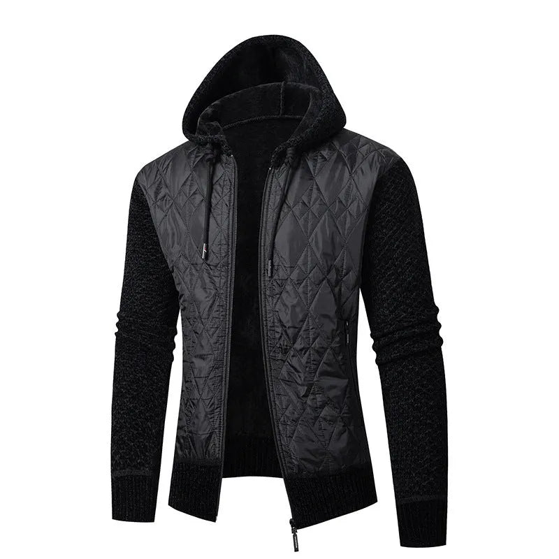 Men's grey hooded sweater coat in wool and corduroy with cinched cardigan style for winter