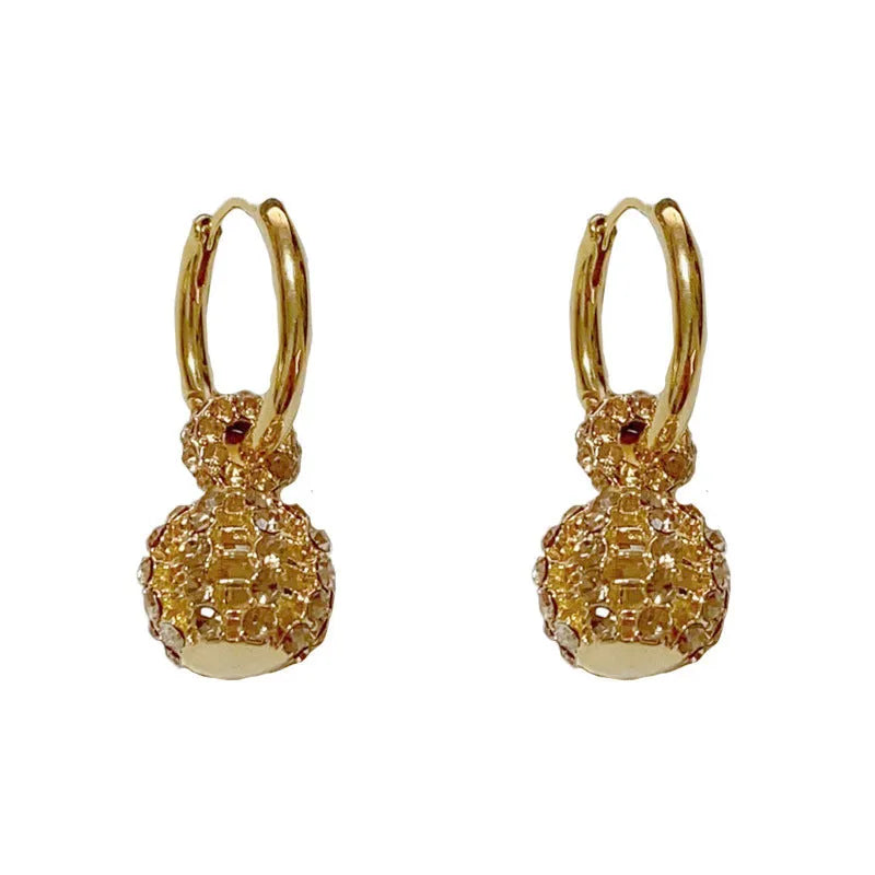 Coffee colour full diamond hollow ball ear clip with thick real gold plating on copper for women, geometric round shape.