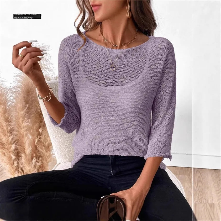 Women's thin knitted off-shoulder jumper in lavender purple with a 3D pattern and 3/4 sleeves.