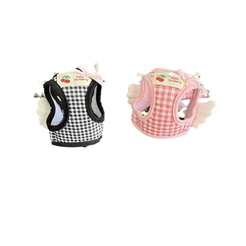 Cotton chest and back dog harness with hand-holding rope in pink and black colours