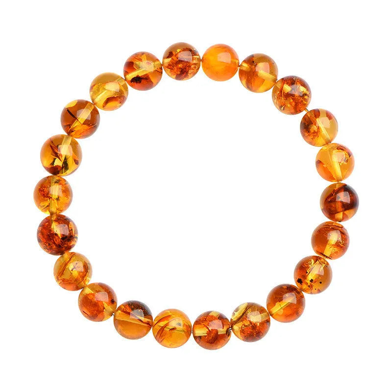 Natural yellow piebald amber bracelet with polished geometry beads and flower spot patterns