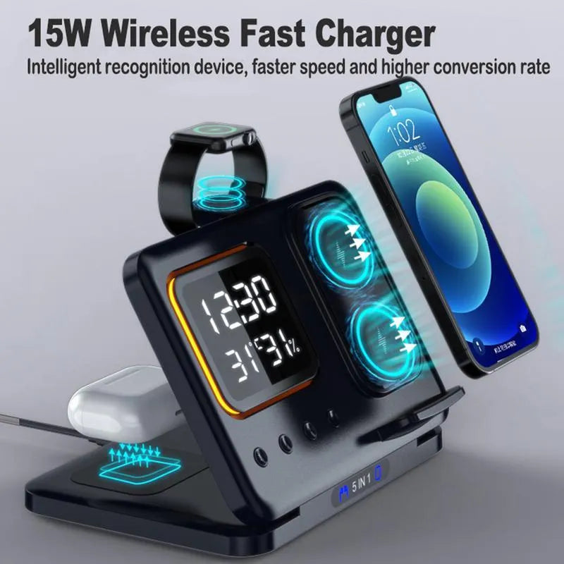 Black wireless charging station showing phone and watch charging with LED display showing time and temperature