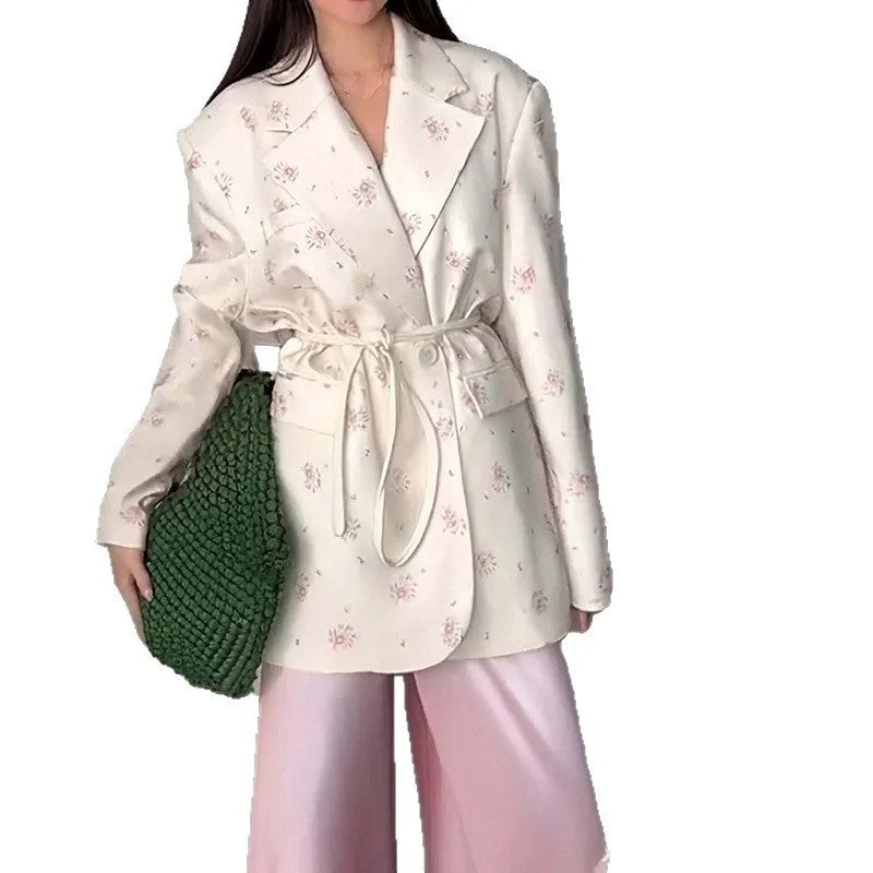 Suit jacket with lace-up collar and waist tie in polyester fabric with long sleeves