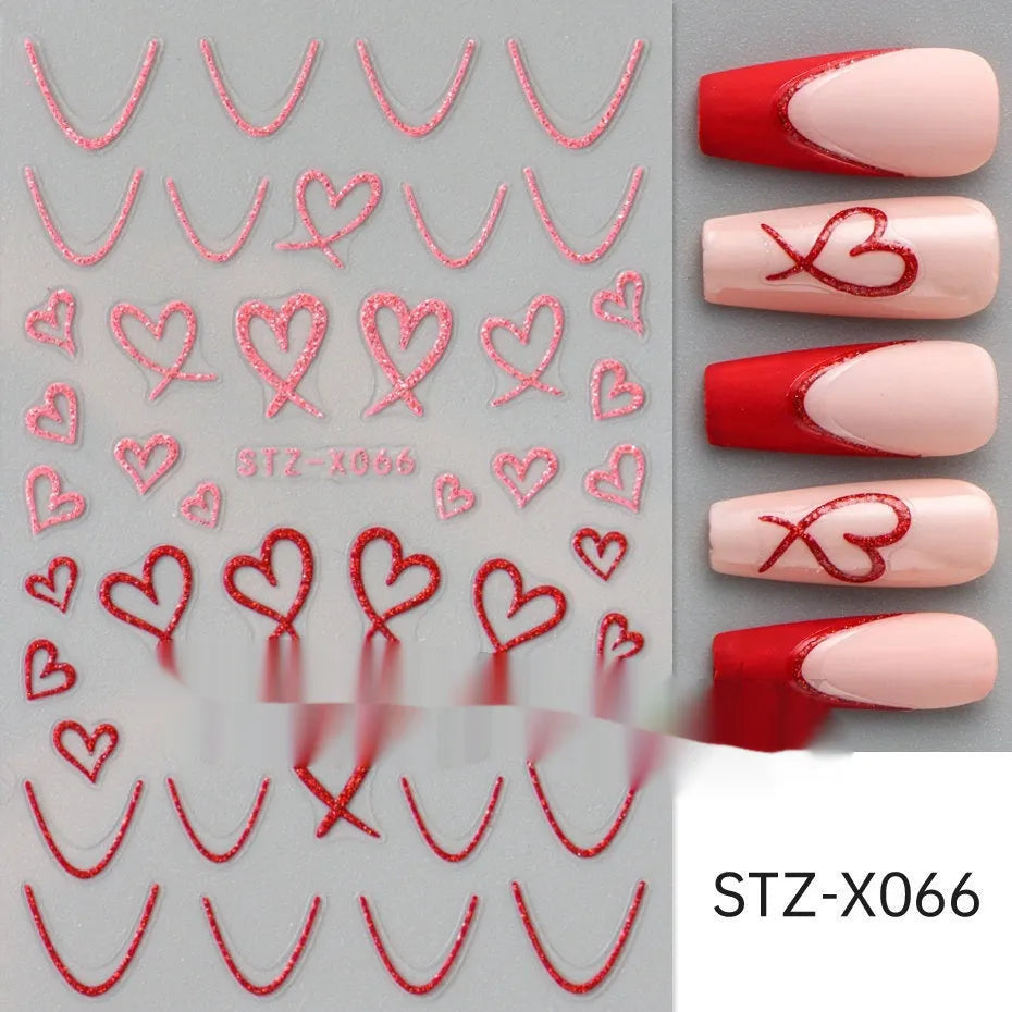 Pack of black and silver striped nail art stickers with cartoon and love pattern designs.
