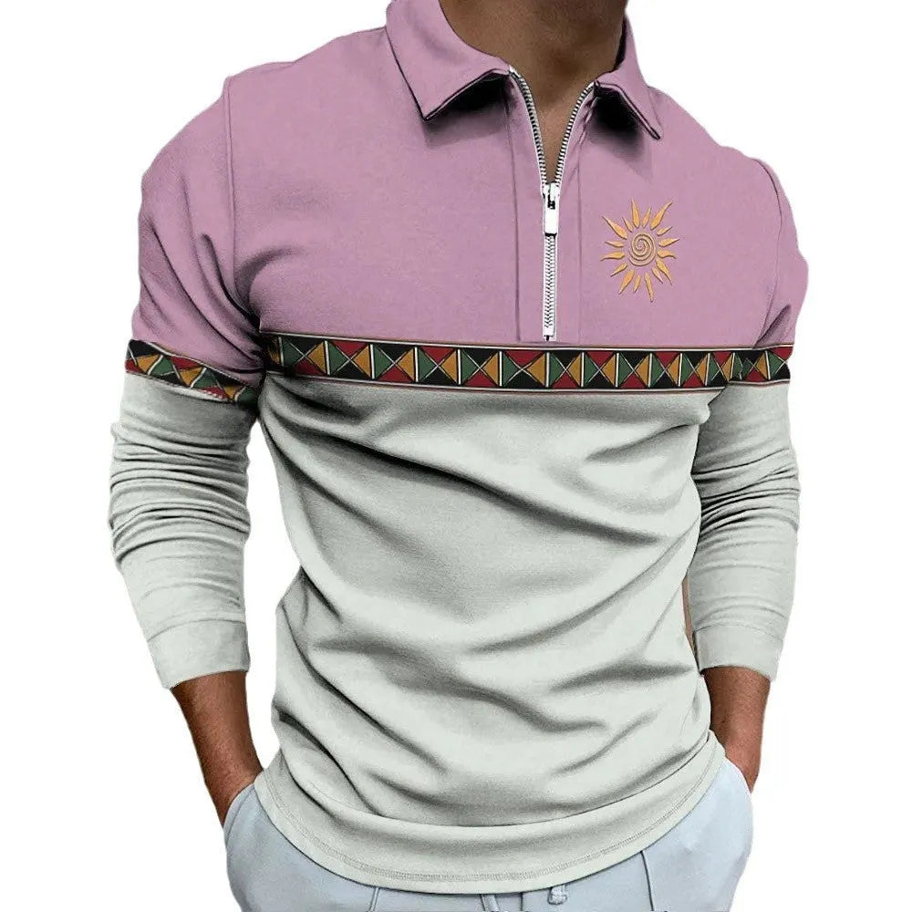 Men's long sleeve t-shirt with retro colour printing and striped zipper decoration on polyester bird eye cloth
