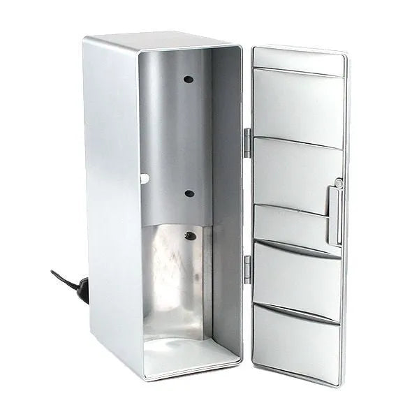 Silver USB mini fridge with LED light, holding two cans, compact size for desk