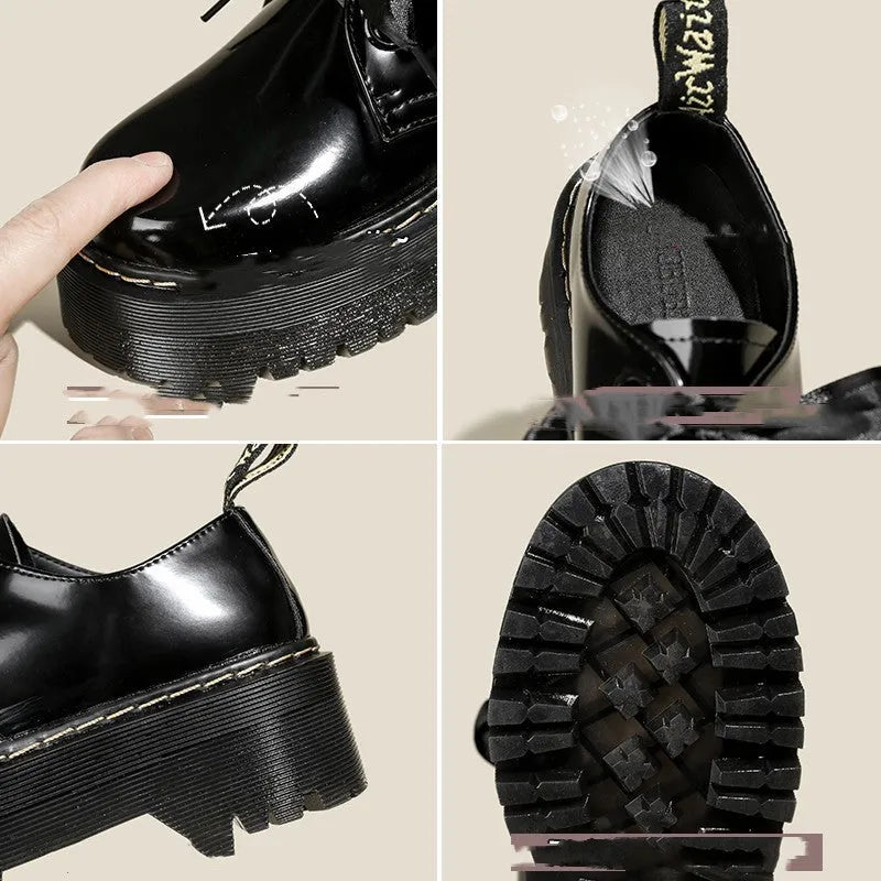 Women's black leather shoes with thick soles, ribbon cross straps, and lacing closure
