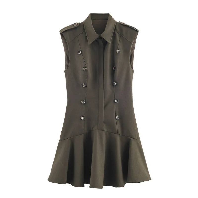 Women's short dress with padded shoulder laminated decoration, striped pattern, asymmetric hem, long sleeves, mid waist