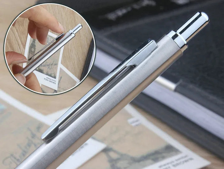 A metal mechanical pencil for drafting and writing with multiple lead size options.