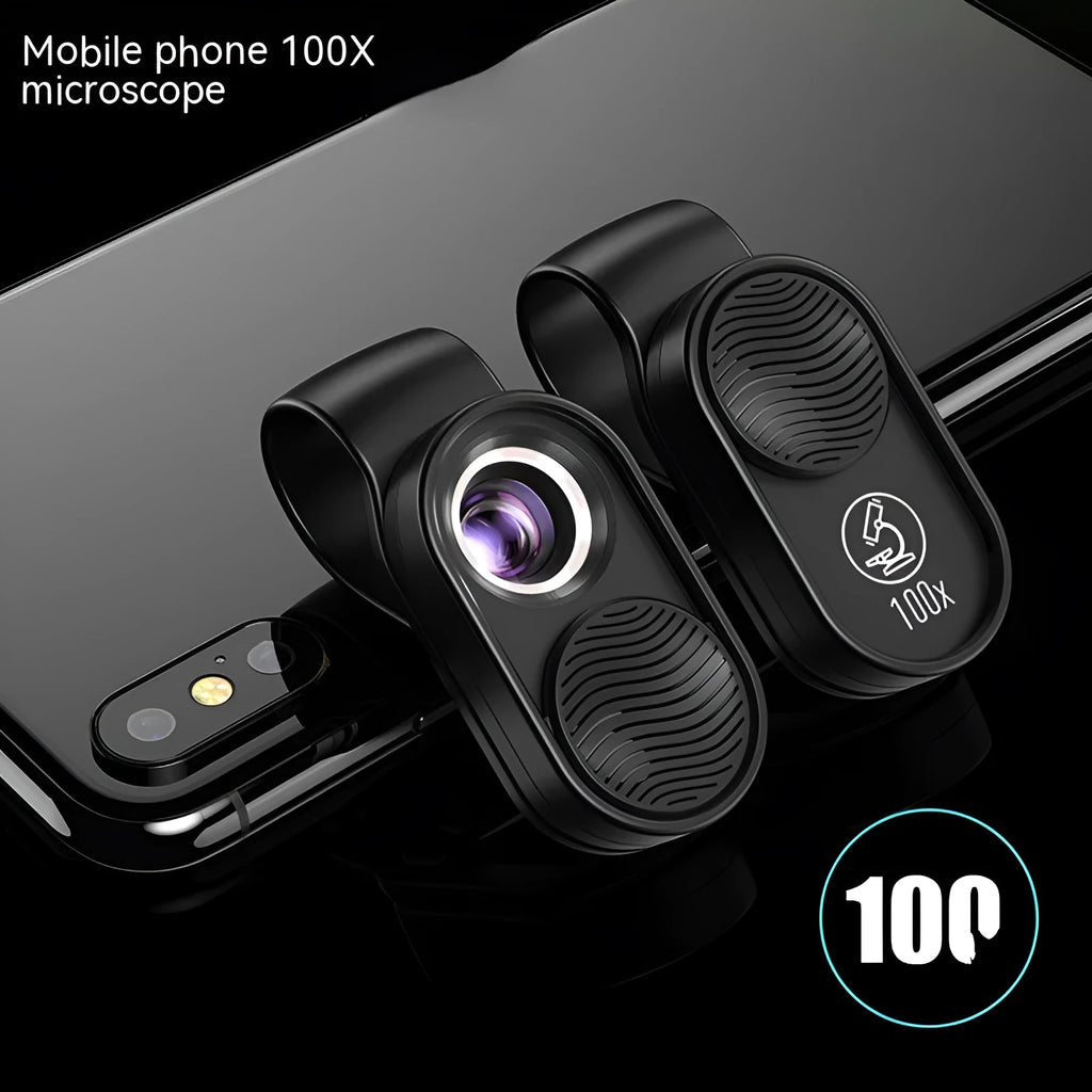 Black mobile magnification microscope clipped to smartphone with six LED lights illuminated, 100x lens, Micro USB charging port visible