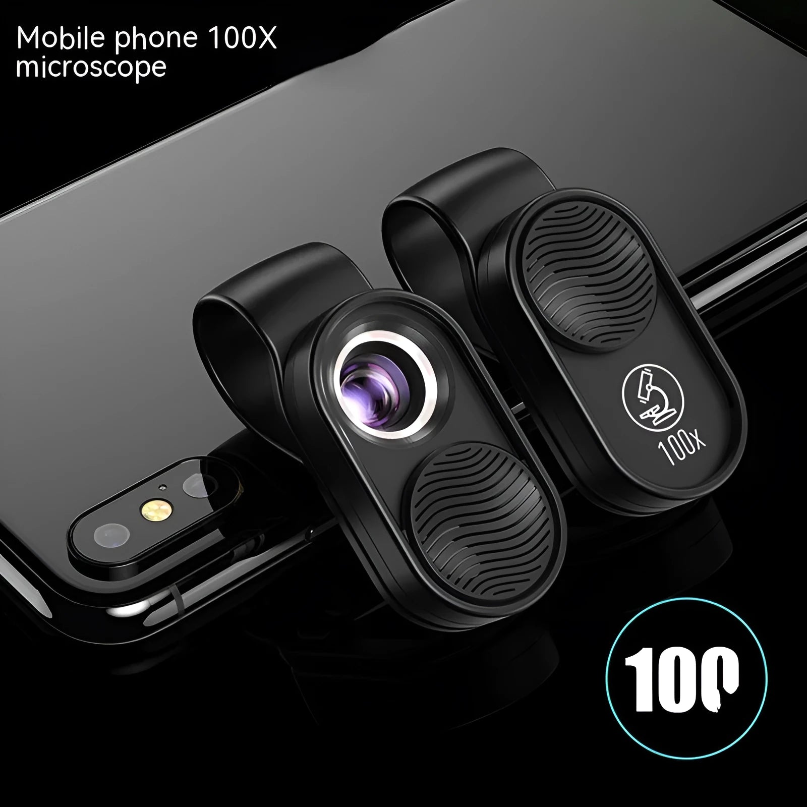 Black mobile magnification microscope clipped to smartphone with six LED lights illuminated, 100x lens, Micro USB charging port visible