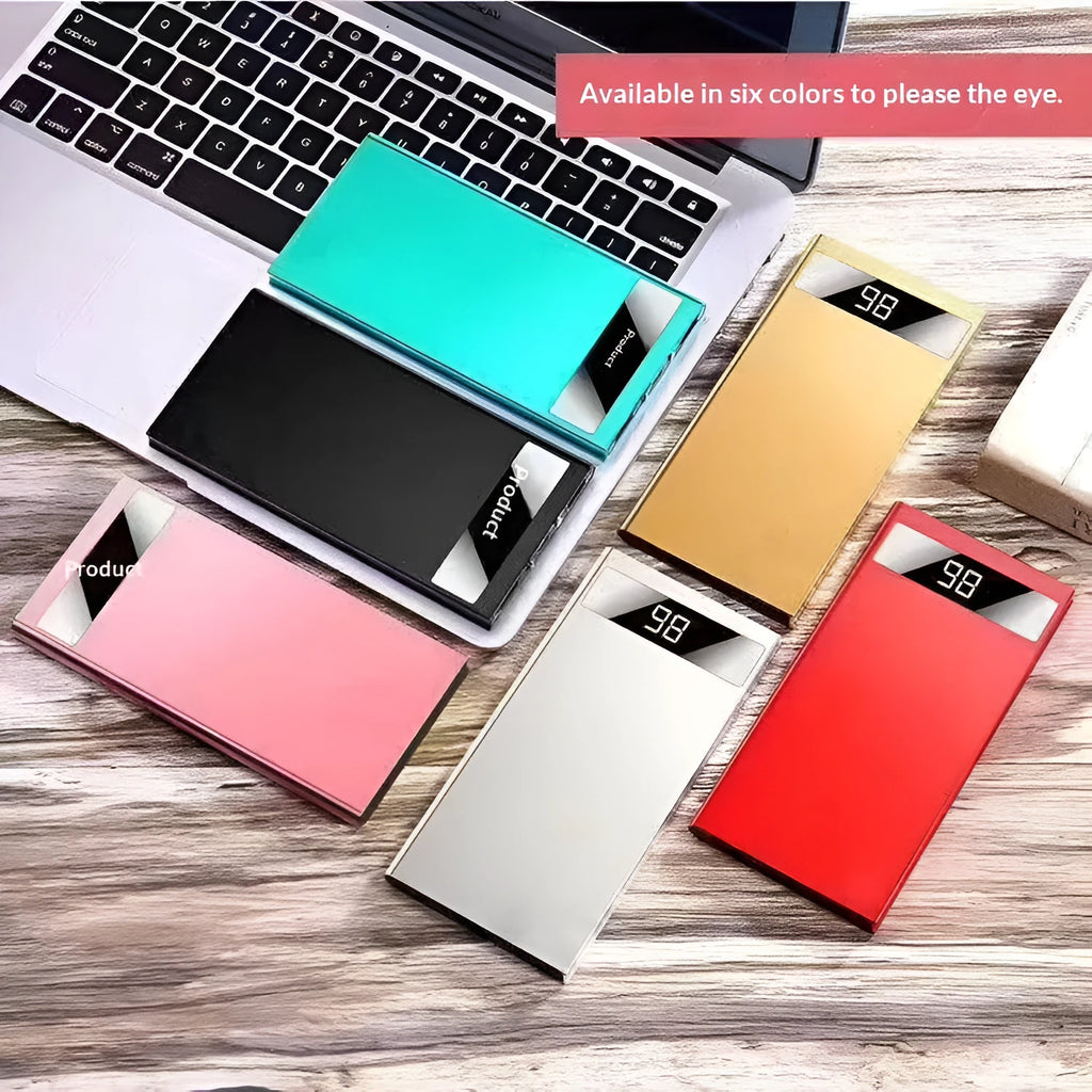 Ultra-thin 20000mAh alloy power bank in Aurora Silver with USB cable, showing power display