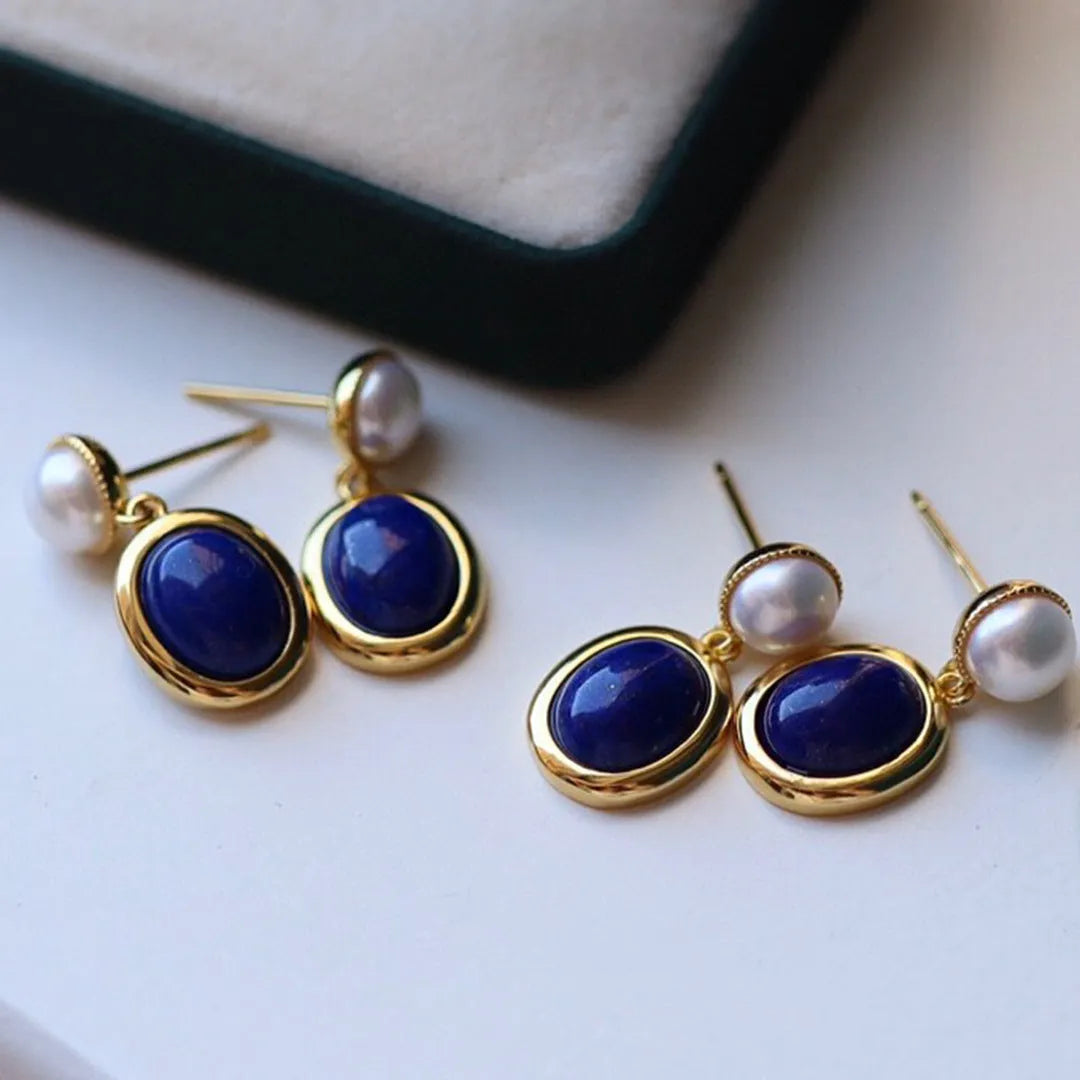 Natural lapis lazuli pearl earrings crafted from 925 sterling silver with auspicious pattern details