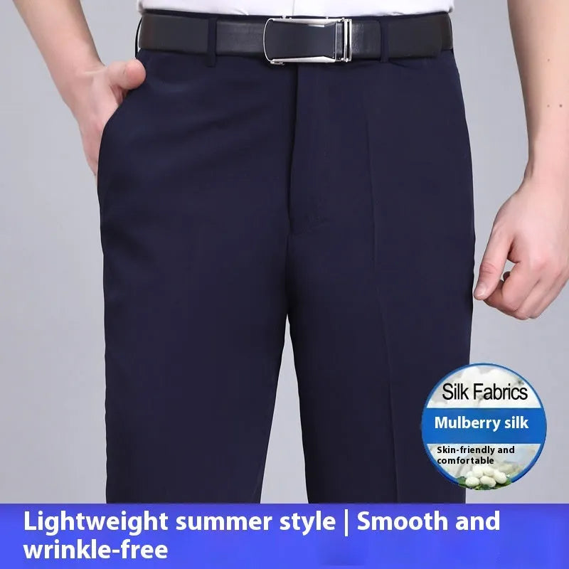 Men's dark blue straight-leg business trousers with a high waistband on a hanger.