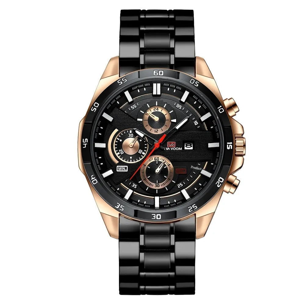 Men's casual quartz watch with business calendar on black leather strap and rose gold case.
