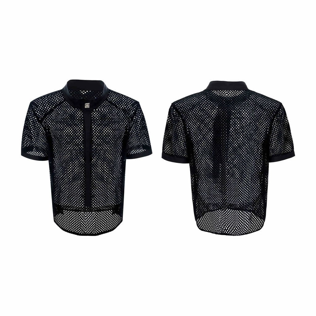 Men's black T-shirt with tie stitching and metal tassel decoration on front