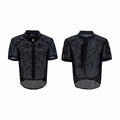 Men's black T-shirt with tie stitching and metal tassel decoration on front