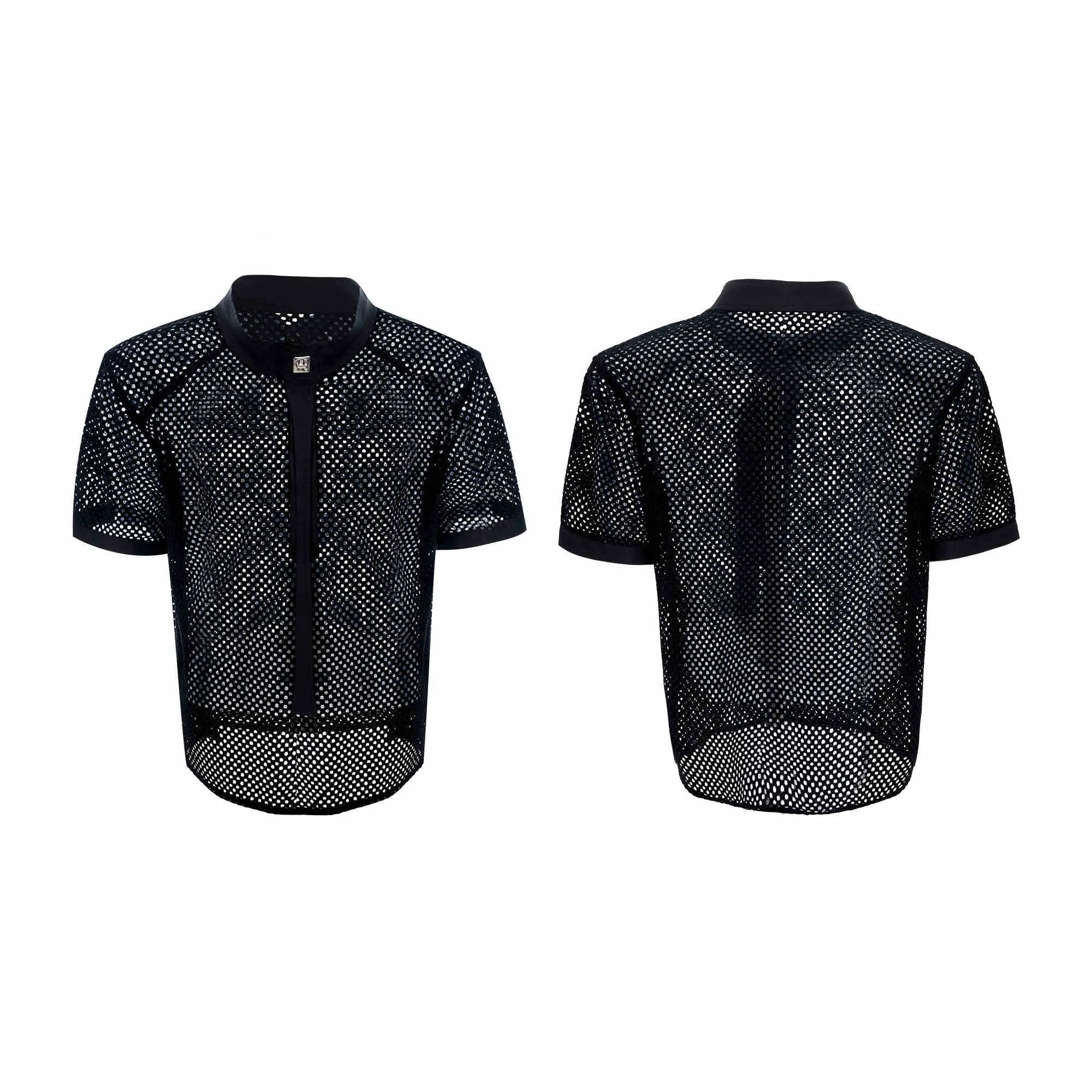 Men's black T-shirt with tie stitching and metal tassel decoration on front