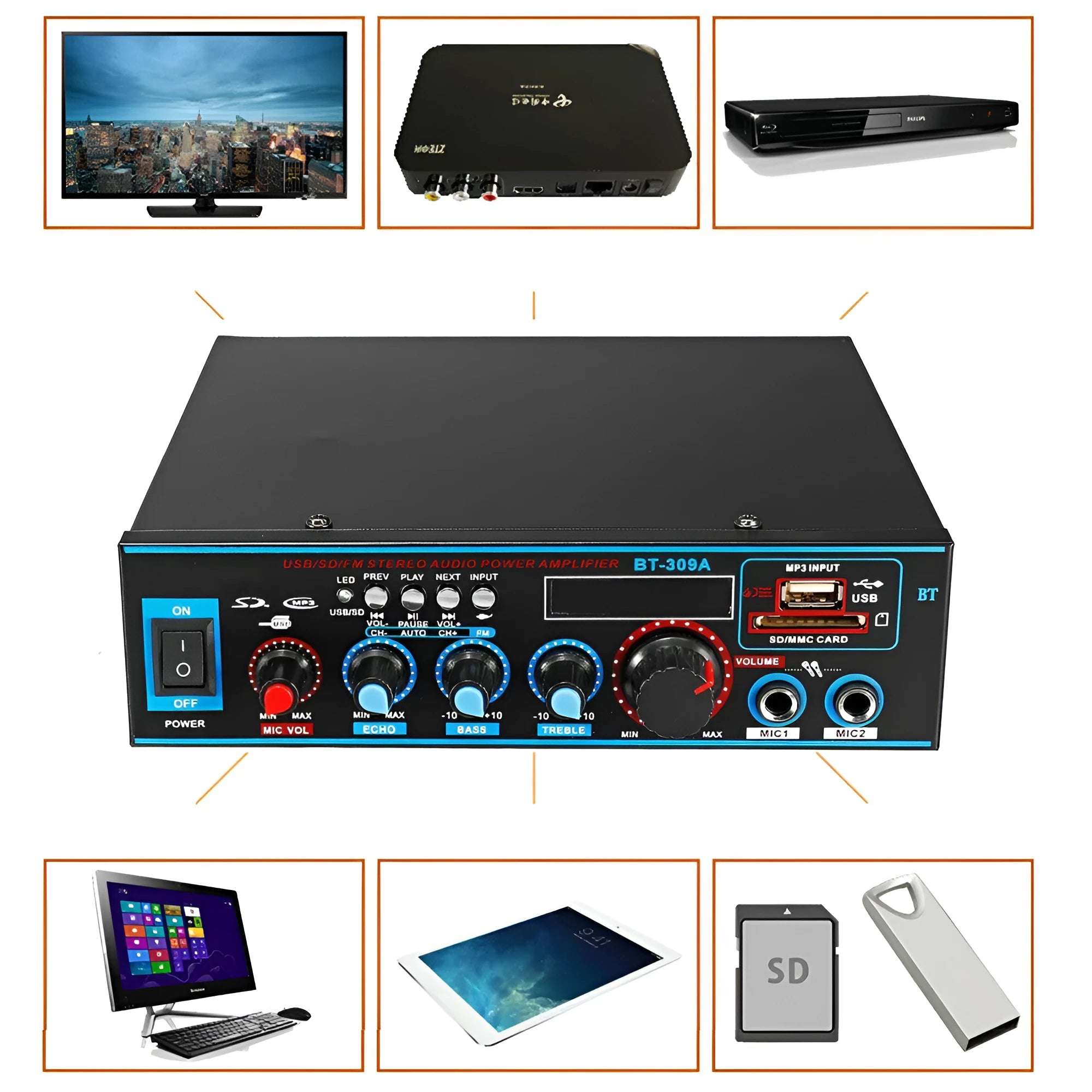 Black Bluetooth power amplifier with dual 220V/12V operation for home and car audio systems