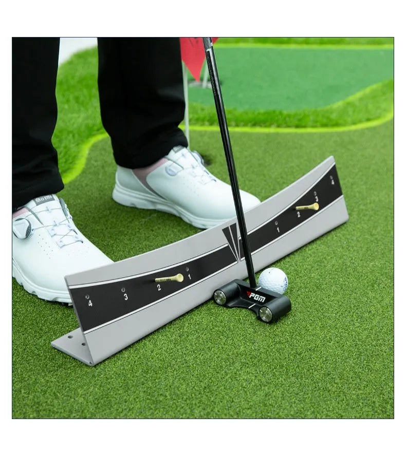 Adjustable golf putter trajectory balance simulator made from white PVC plastic.