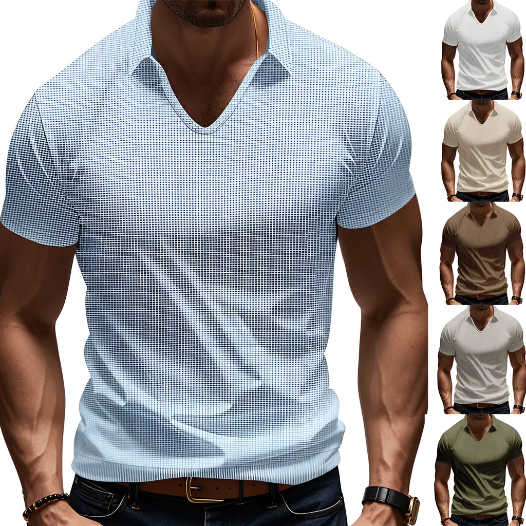 Men's loose fit V-neck t-shirt in cotton blend fabric showing short sleeves and solid colour design