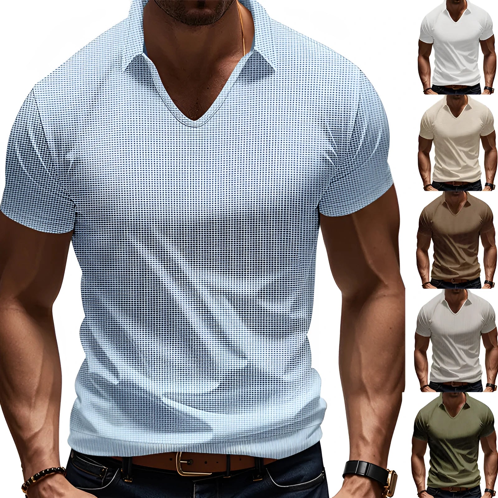 Men's loose fit V-neck t-shirt in cotton blend fabric showing short sleeves and solid colour design