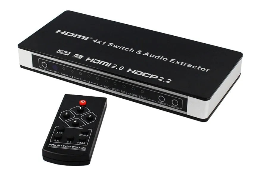 Black 4x1 HDMI switcher with remote control for audio and video signal distribution