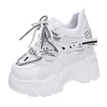 Women's white mesh platform sports shoes with cross strap and 6-8cm heel