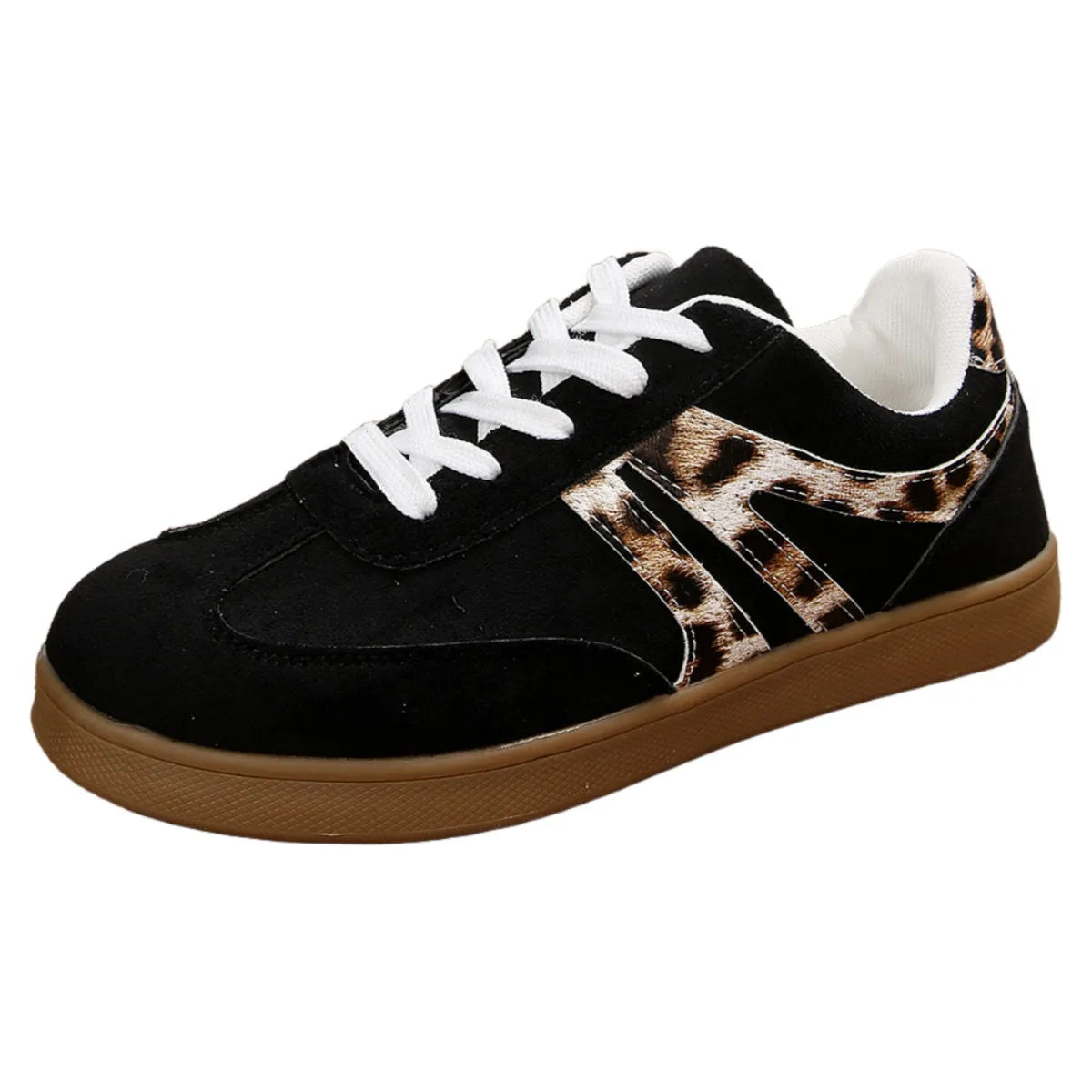 Women's vintage leopard print board shoes with PU upper, flat heel, and round toe in beige and black colours