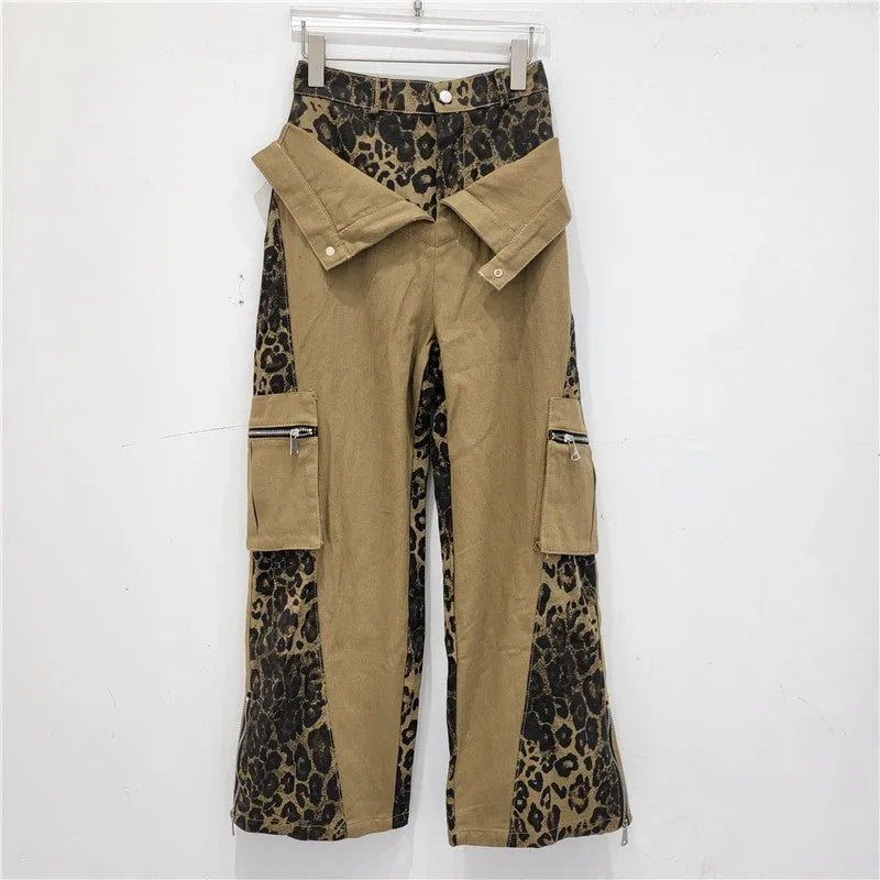 Women's dark khaki leopard print high waist straight leg jeans with contrast stitching detail.