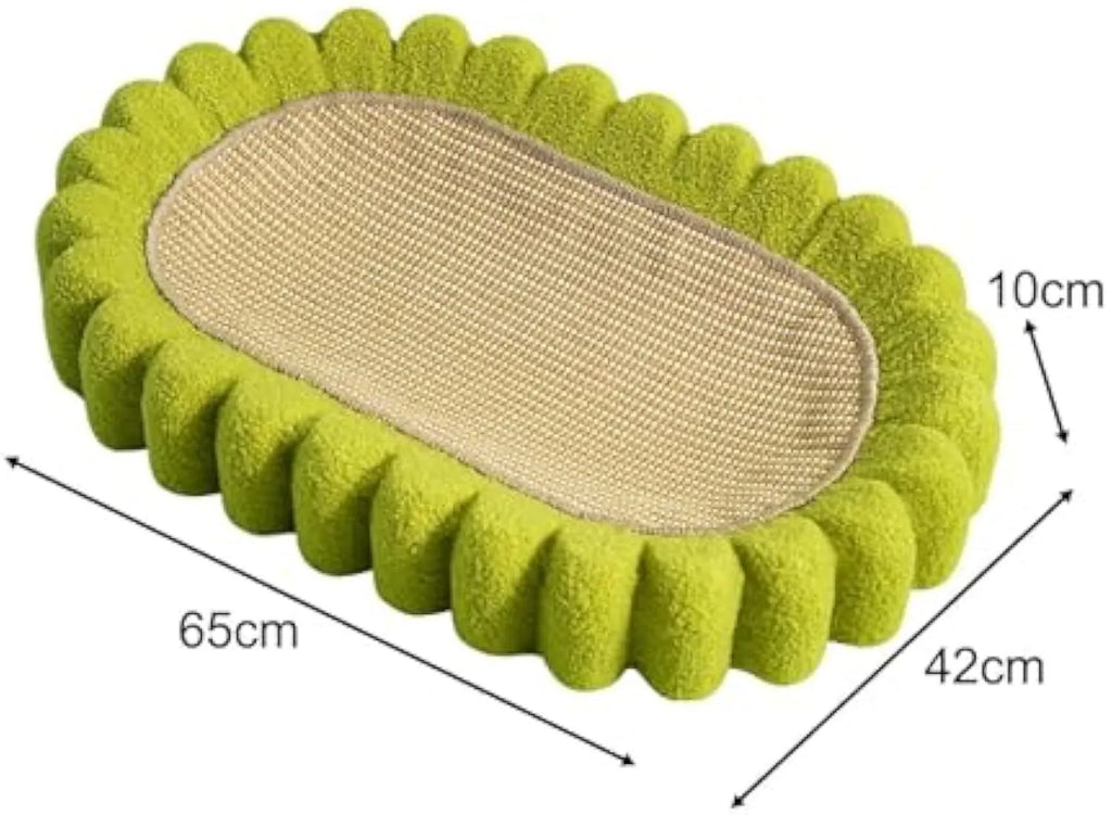 Green oval sisal cat scratching pad that also serves as a cat bed.