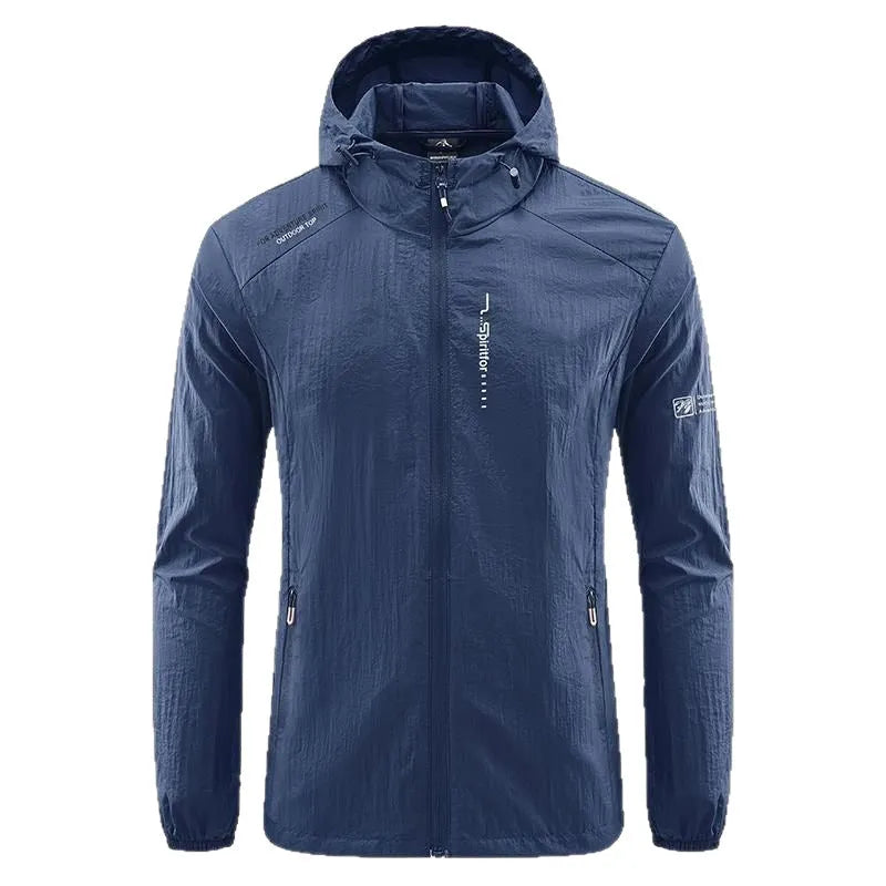 Men's hooded summer jacket in thin nylon fabric, loose fit, available in light grey, dark grey, black, dark blue, and denim blue