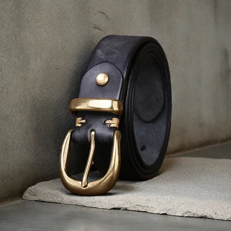 Men's genuine cowhide leather casual belt with copper buckle in black, brown or khaki.