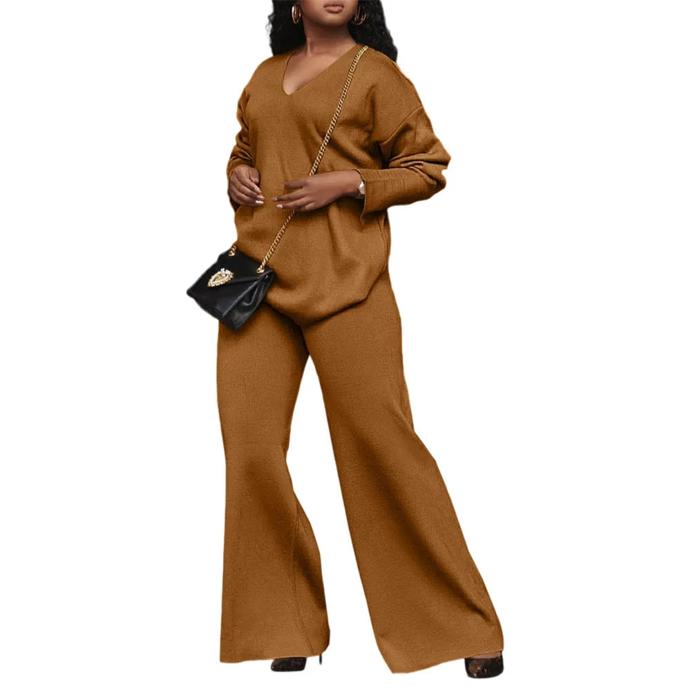 Women's brown thickened suede two-piece suit set with split sleeve design and full-length trousers