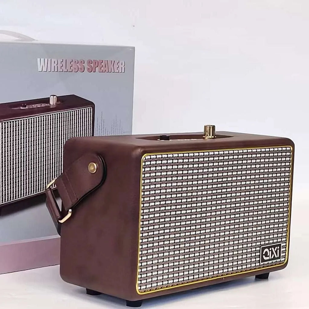 Red leather pattern mini portable Bluetooth speaker card design with dual speakers and microphone option