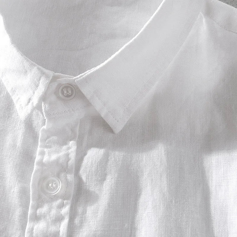 Men's loose fit short sleeve shirt in a cotton linen blend fabric, shown in a solid colour.