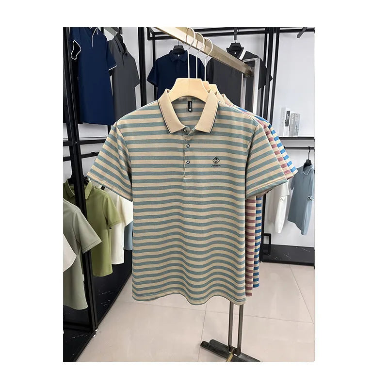 Men's striped casual t-shirt with mosaic pattern detail on short sleeves