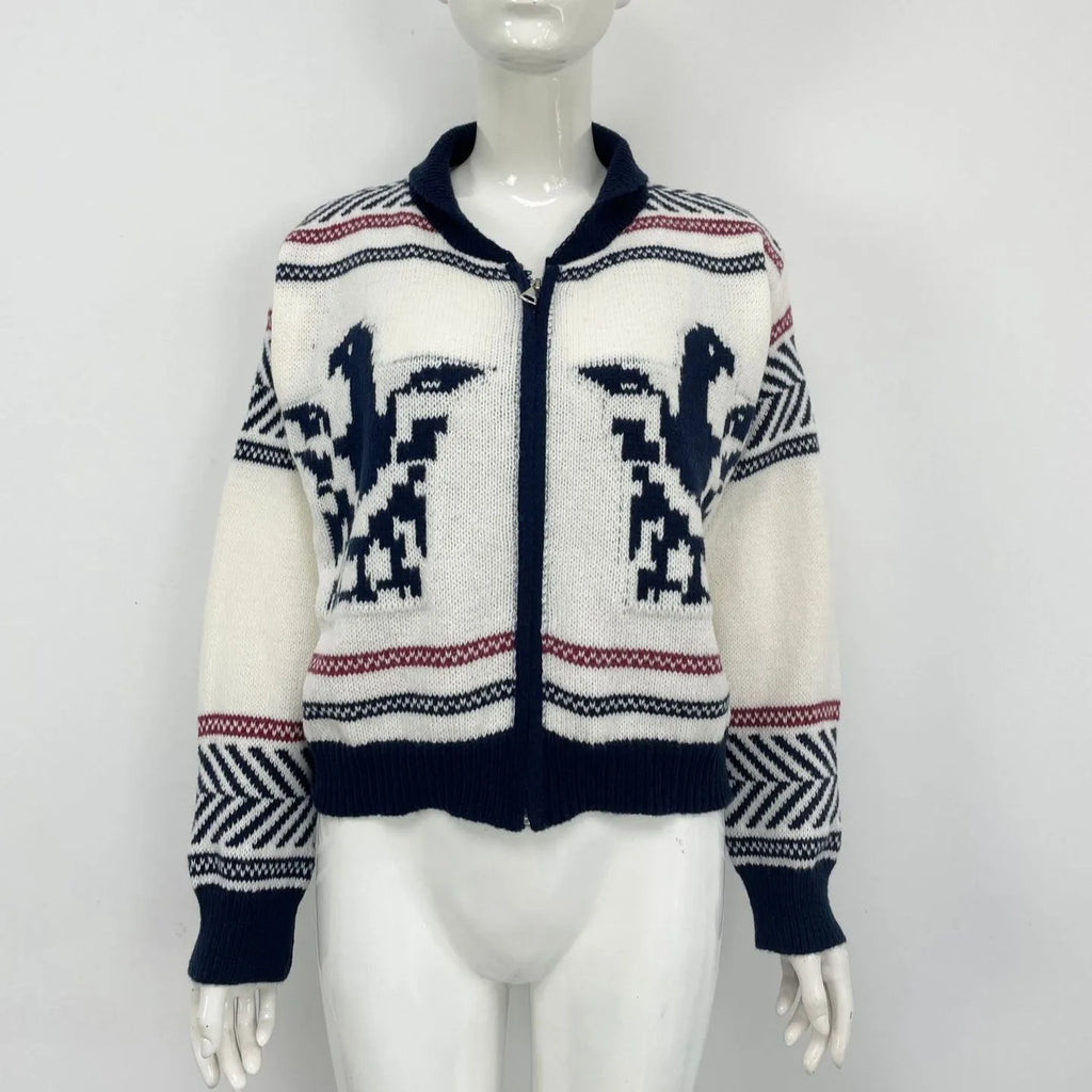 White women's zip cardigan with black contrast stripe jacquard pattern and lapel collar