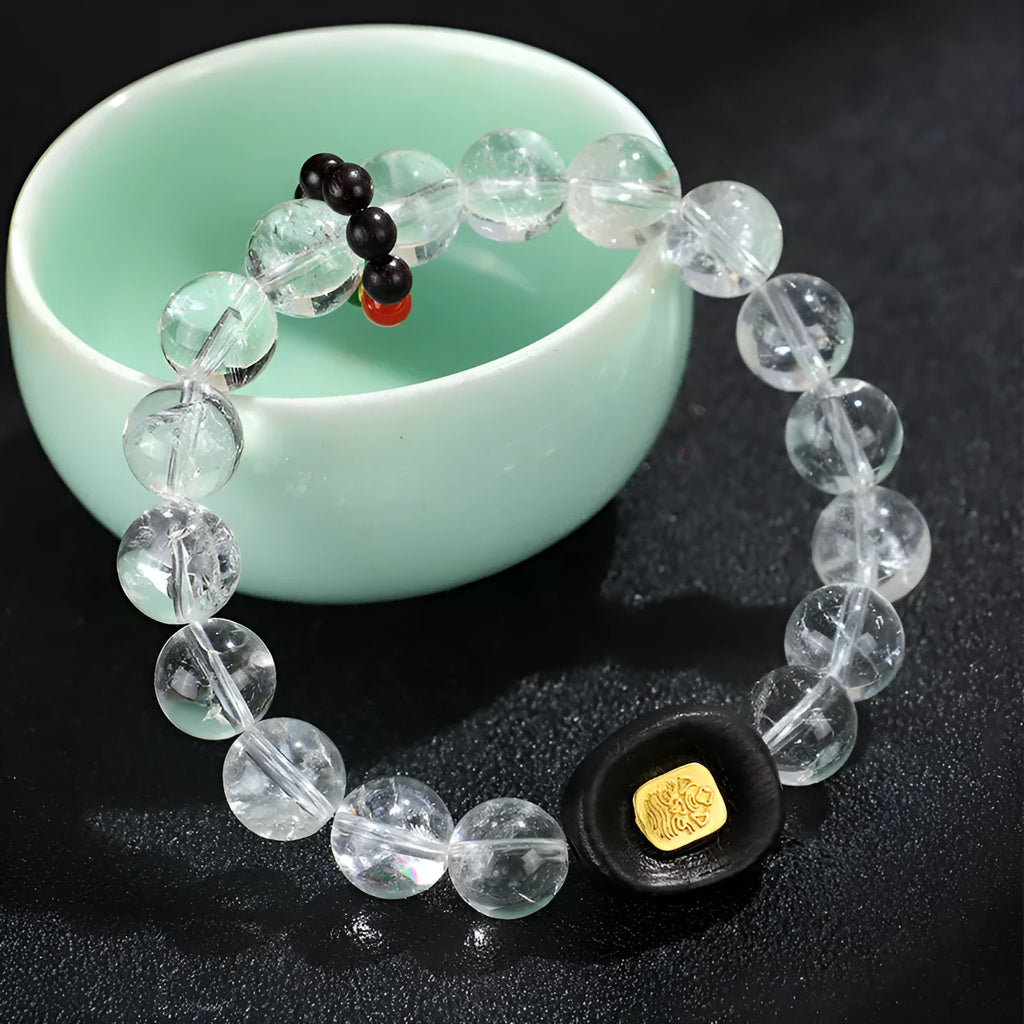 Natural white crystal ebony five warp handmade bracelet on neutral background