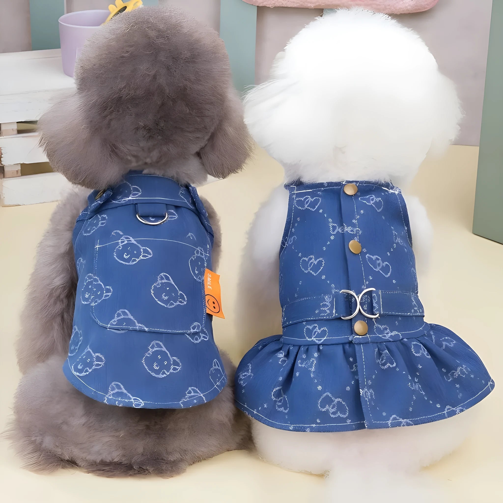 Denim princess dress for small dogs with bracket skirt styling in blue