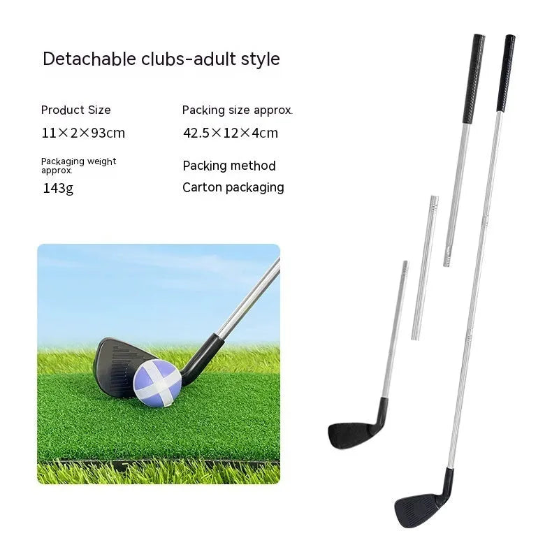 Metal golf club set showing adult and children's colour options for outdoor sports use