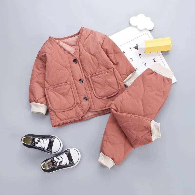 New Korean Version Plus Velvet Thickening Two-piece Baby Suit in beige, 95% cotton, sizes 80-130cm