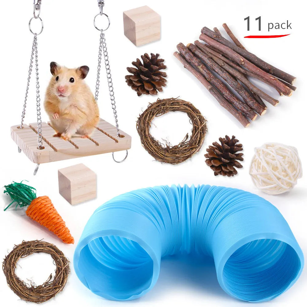 Assortment of natural wooden and woven chew toys for small pets like rabbits and parrots.