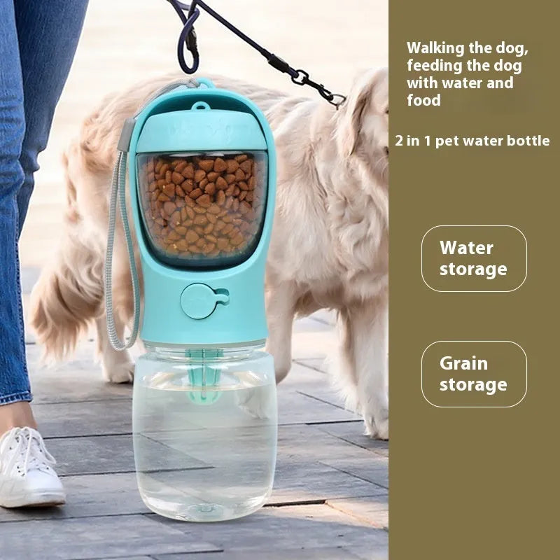 Blue two-in-one dog water cup showing combined drinking bowl and water storage bottle design