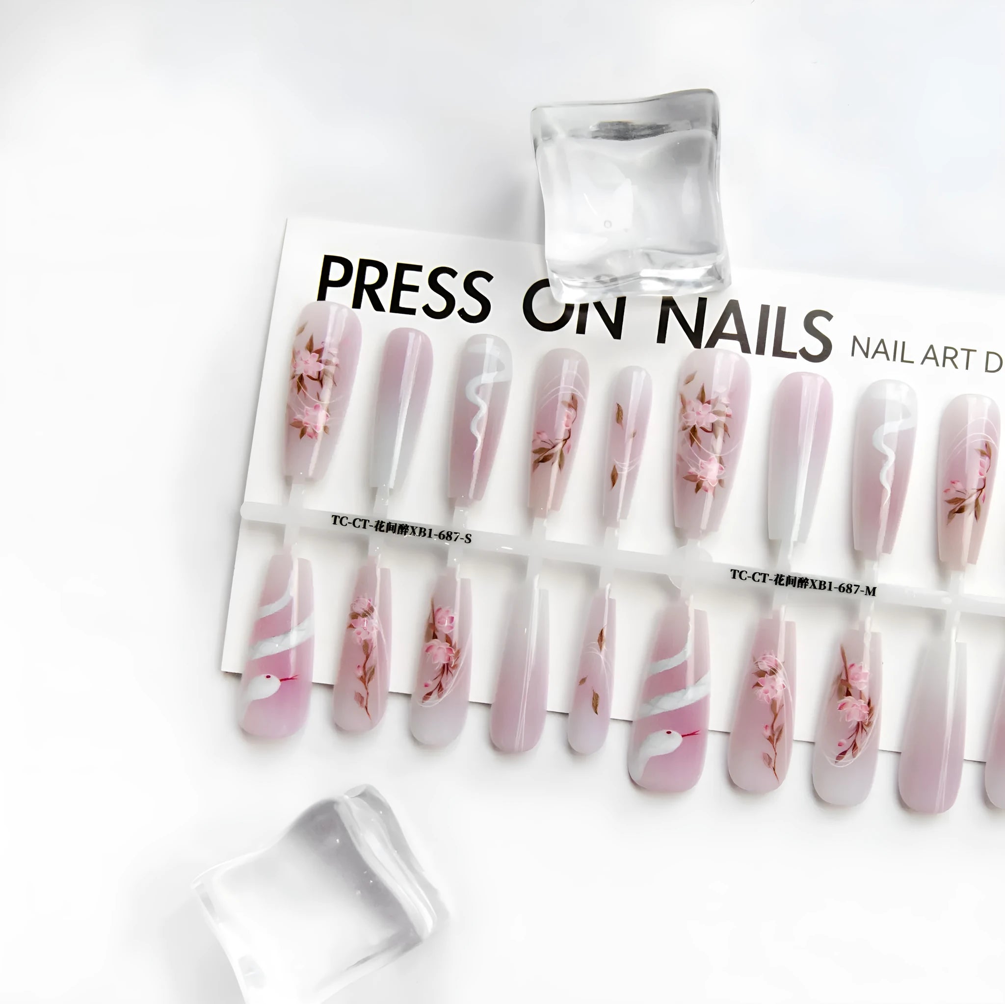 Ancient Chinese style snake year red prefabricated nail tips in drunk among flowers colour, 40 pieces, ultra-thin seamless design