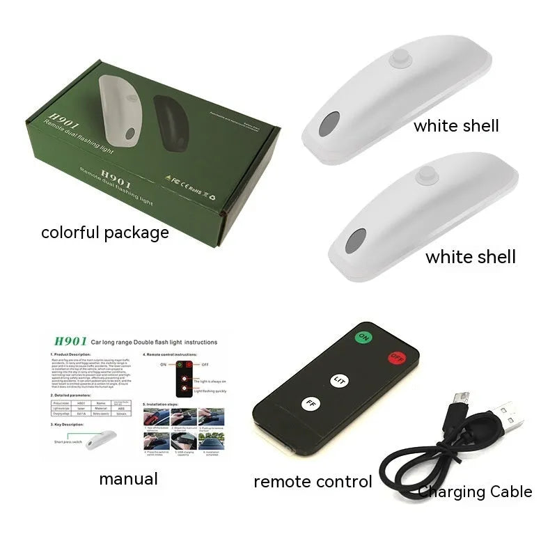 Black and white remote control car LED strobe light with charging cable on a grey background.
